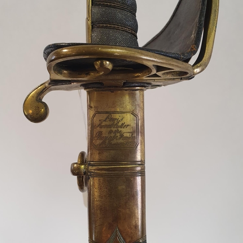 7 - A George IV sword, with a wire bound fishskin grip, and GR IV sypher, in a brass and leather scabbar...