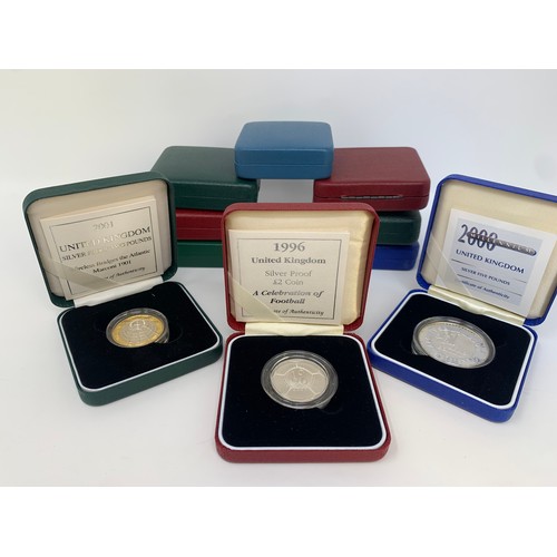 35 - A 1996 Celebration of Football silver proof £2, and other proof coins, all boxed (10)