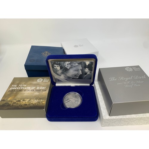 38 - A Royal Birth silver proof coin, 2015, and others similar, all boxed...