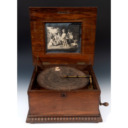 188 - A late 19th century table top Symphonion, playing 33.5 cm diameter disc, in a walnut case, 45 cm wid... 