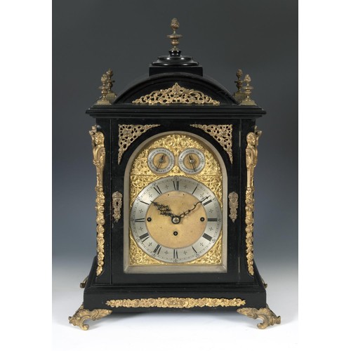 191 - A late Victorian musical bracket clock, with repeat, the 18.5 cm arched square brass dial with a pla... 