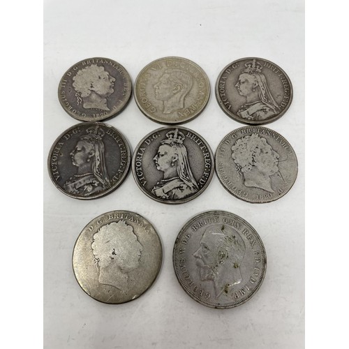 53 - A George III crown, 1820, and seven other crowns (8)