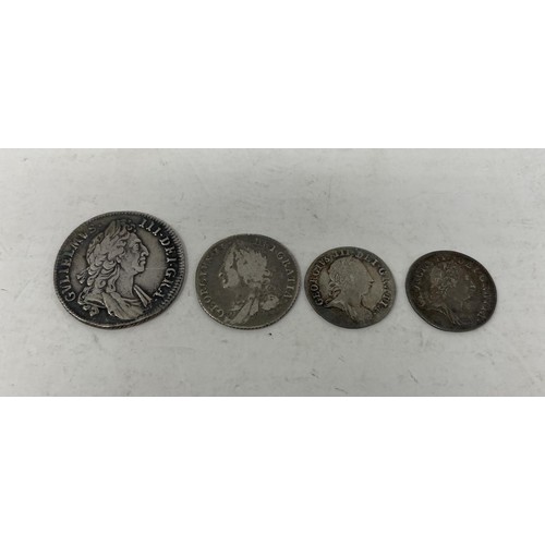 61 - A William III shilling, 1696, and three other coins (4)