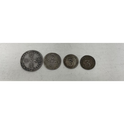 61 - A William III shilling, 1696, and three other coins (4)