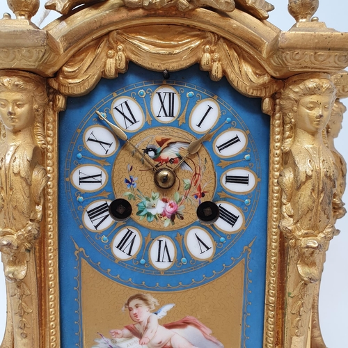 194 - A late 19th century mantel clock, the 8.5 cm wide porcelain dial with Roman numerals and painted a c... 