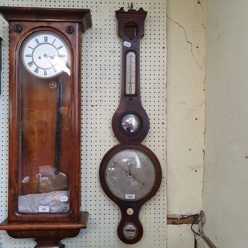 262 - A 19th century wheel barometer, with thermometer, glass and level, lacks hydrometer, the level signe... 