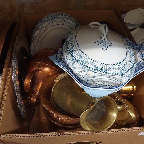 536 - A blue and white part dinner service, a copper measure, and various other items (4 boxes)...