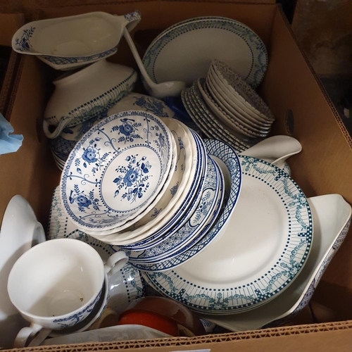 536 - A blue and white part dinner service, a copper measure, and various other items (4 boxes)...