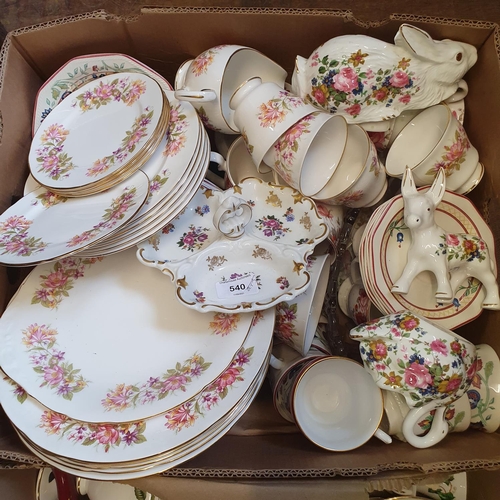 540 - A Colclough part dinner service, other ceramics, glass and various children's pop up books (4 boxes)...