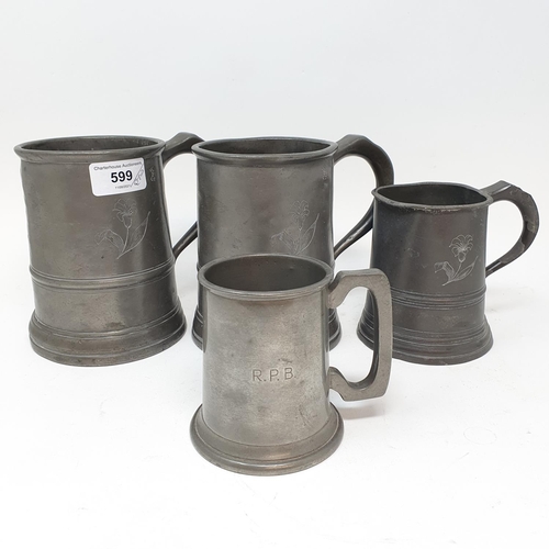599 - Four pewter mugs, and various other items (box)