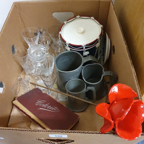 599 - Four pewter mugs, and various other items (box)
