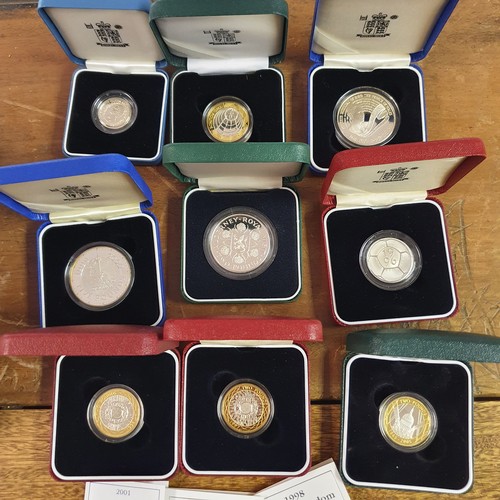 35 - A 1996 Celebration of Football silver proof £2, and other proof coins, all boxed (10)