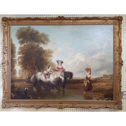 123 - English school, late 19th century, landscape with a mother and daughter riding ponies lead by a wome... 