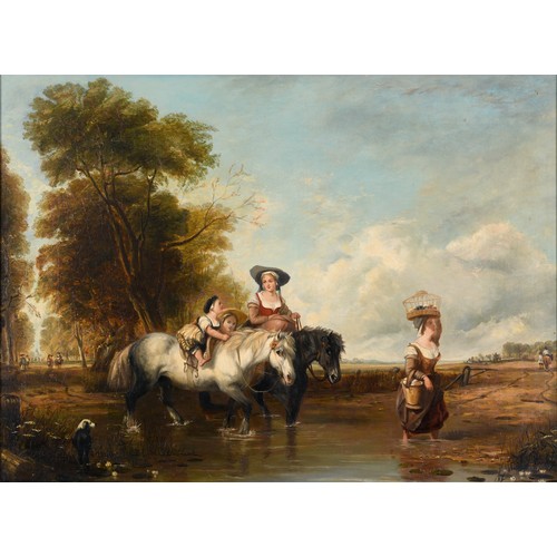 123 - English school, late 19th century, landscape with a mother and daughter riding ponies lead by a wome... 