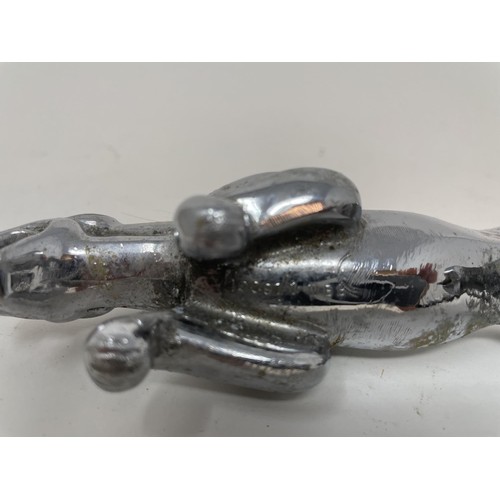46 - A chrome car mascot, in the form of a stag, a chrome Jaguar leaping cat car mascot, and another masc... 