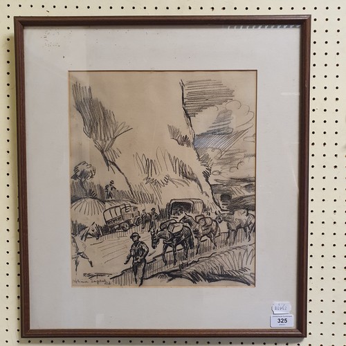 191 - Richard John Munro Dupont (1920-1977), a military scene, with packhorses, charcoal, signed and title... 