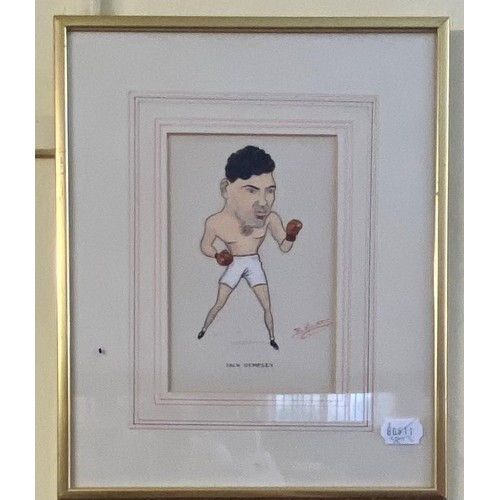 109 - B V Villiers, a set of three cartoons of boxers, Jimmy Wilde, G Carpentier, and Jack Dempsey, signed... 