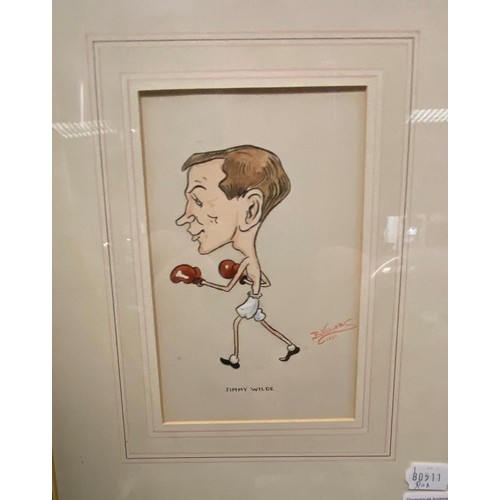 109 - B V Villiers, a set of three cartoons of boxers, Jimmy Wilde, G Carpentier, and Jack Dempsey, signed... 