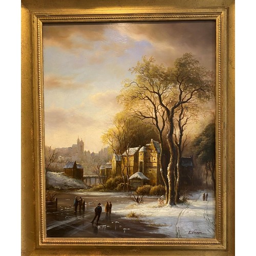 219 - E Vernon, Winter Scene with Figures, oil on board, signed, 49 x 38 cm