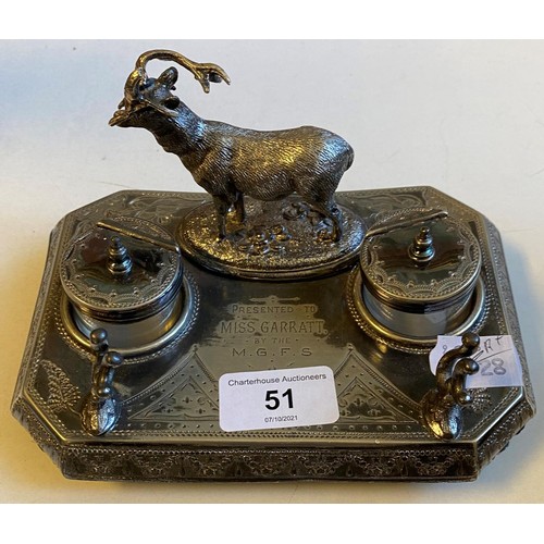 51 - A 19th century silver plated inkstand, decorated a stag, engraved Presented To Miss Garrett by the M... 