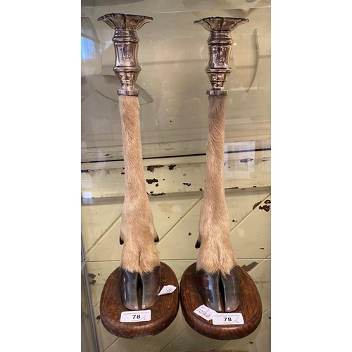 78 - A pair of deer slot table candlesticks, with silver mounts, on oak bases, 37 cm high (2)