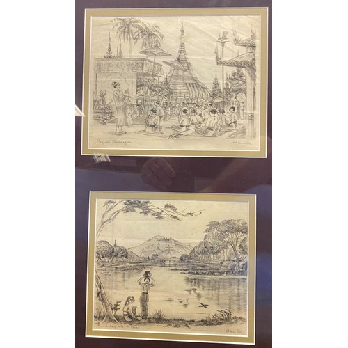 186 - Burmese school, landscape, charcoal, indistinctly signed in pencil, 19 x 20 cm, two others, framed a... 