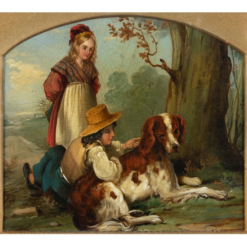 151 - English school, late 19th century, a young girl with a favourite dog, oil on board, 15 x 18 cm (in a... 