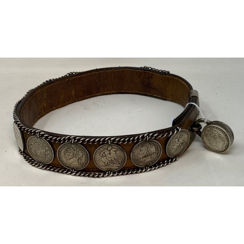 88 - A large 19th century dog collar, with silver crown mounts, coins dating from 1821, engraved Goth Mis... 