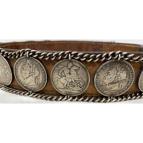 88 - A large 19th century dog collar, with silver crown mounts, coins dating from 1821, engraved Goth Mis... 