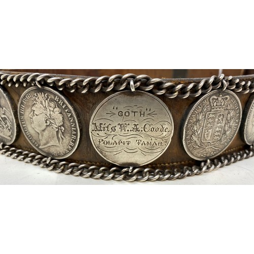 88 - A large 19th century dog collar, with silver crown mounts, coins dating from 1821, engraved Goth Mis... 