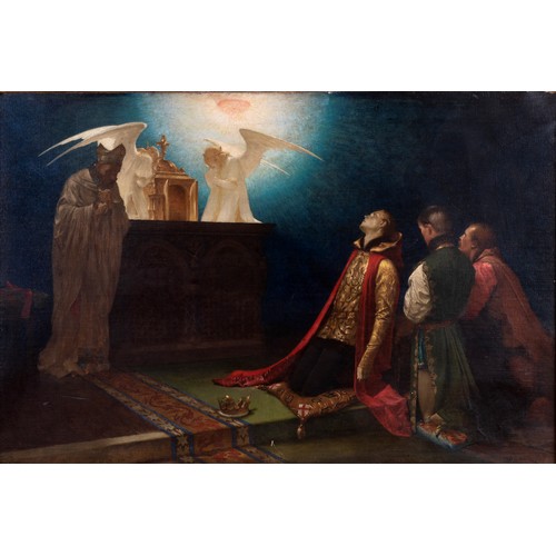 171 - Continental School, a kneeling prince with two of his followers praying before priest, tabanacle and... 