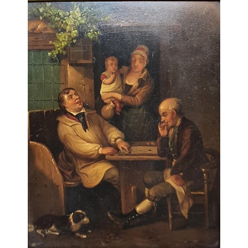 283 - English school, late 19th century, two gentlemen playing draughts, with dog, oil on board, 18 x 15 c... 