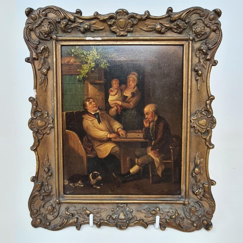 283 - English school, late 19th century, two gentlemen playing draughts, with dog, oil on board, 18 x 15 c... 