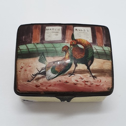 65 - A 19th century enamel box, lid decorated a cockfighting scene Match/Rules, slight loss, 5 cm wide