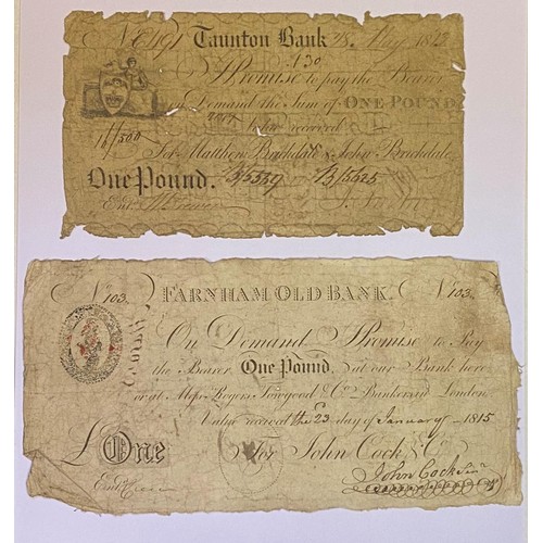 103 - An early 19th century Farnham Old Bank £1 banknote, 1815, and a Taunton Bank banknote, 1813 (2)
