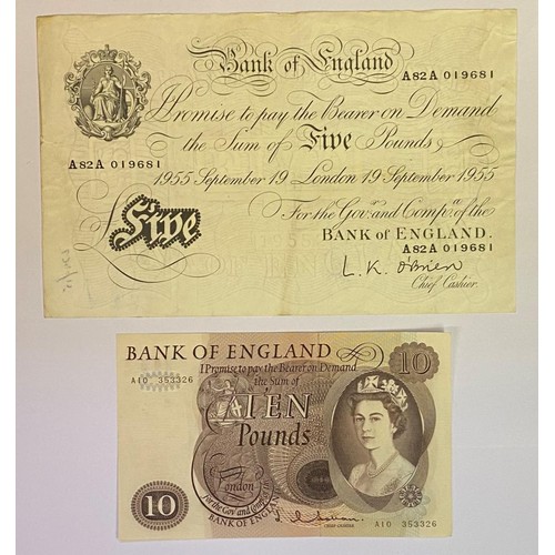111 - A Bank of England white £5 banknote, 19 September 1955, A82A 019681, and a Bank of England £10 bankn... 