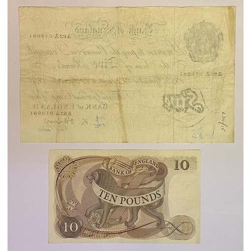 111 - A Bank of England white £5 banknote, 19 September 1955, A82A 019681, and a Bank of England £10 bankn... 
