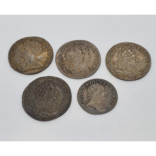 9 - A William and Mary sixpence, 1696, a Queen Anne sixpence, 1707, two other sixpences and 3d coin (5)