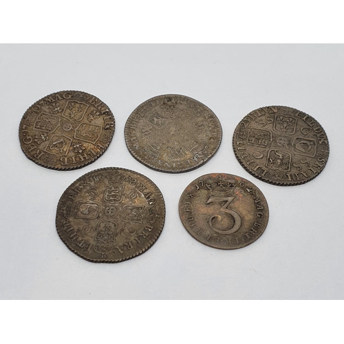 9 - A William and Mary sixpence, 1696, a Queen Anne sixpence, 1707, two other sixpences and 3d coin (5)