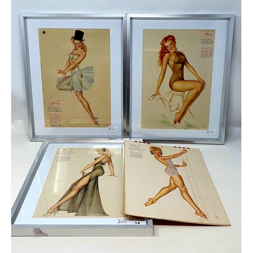 14 - A 1946 pin up calendar, with three of the months framed, 31 x 22 cm...