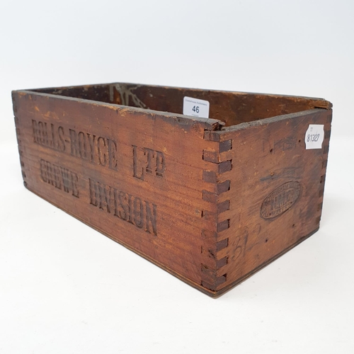 46 - A Rolls-Royce Ltd (Crewe Division) wooden box, Tool Store, 30.5 cm wide...