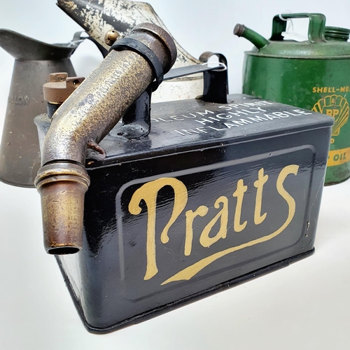 50 - A Pratts petrol can, with a funnel, re-painted, a Shell-Mex & BP Lamp Oil can, and two oil cans (4)...