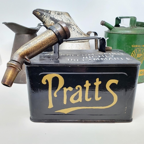 50 - A Pratts petrol can, with a funnel, re-painted, a Shell-Mex & BP Lamp Oil can, and two oil cans (4)...