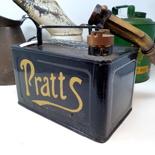 50 - A Pratts petrol can, with a funnel, re-painted, a Shell-Mex & BP Lamp Oil can, and two oil cans (4)...