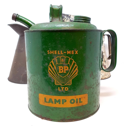 50 - A Pratts petrol can, with a funnel, re-painted, a Shell-Mex & BP Lamp Oil can, and two oil cans (4)...