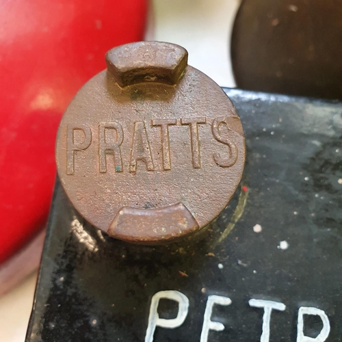 50 - A Pratts petrol can, with a funnel, re-painted, a Shell-Mex & BP Lamp Oil can, and two oil cans (4)...