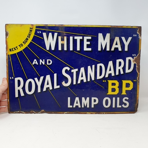 52 - A White May and Royal Standard BP Lamp Oils double sided flanged enamel sign, 46 cm wide...