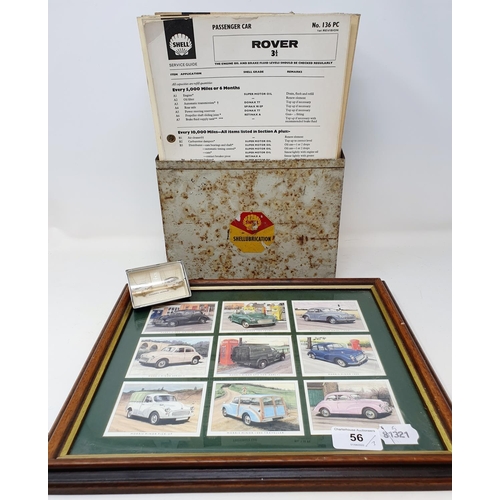 56 - A Shell SHELLUBRICATION box with charts, 23 cm wide, a pair of Triumph Herald cufflinks, and a set o...
