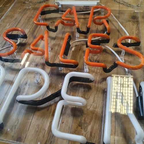 8 - A modern neon sign, CAR SALES OPEN, in a perspex case, 66 cm high x 56 cm wide...