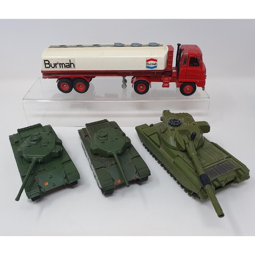 39 - Two Dinky Toys Pullmore car transporters, a Foden Burmah petrol tanker, and three tanks...